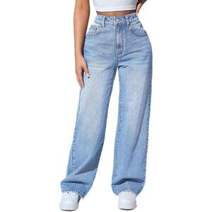Women’s High Waisted Straight Leg Stretch Denim Jeans Light Blue Large